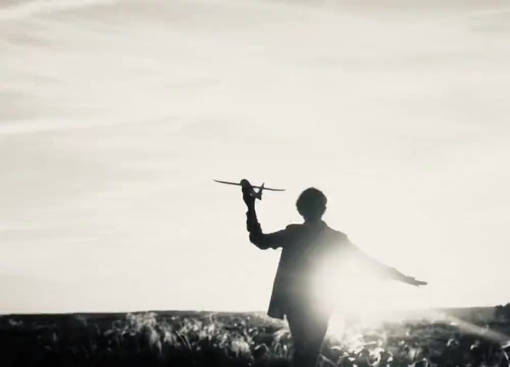 A child holding a toy plane aloft against a bright daytime sky